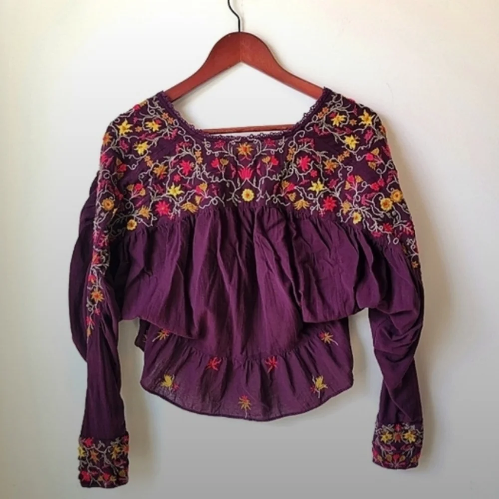Free People Wildflower Ava Embroidered Boho Top Blouse Women's Size Small